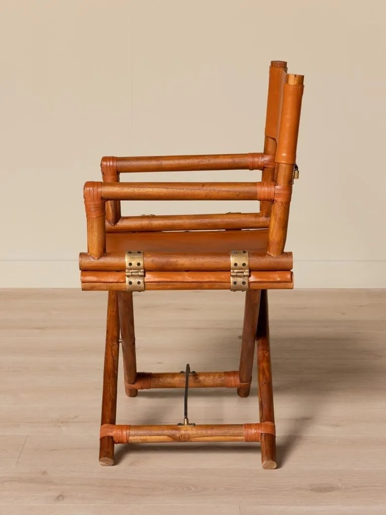 Scaun de dining pliabil din piele camel și lemn de tec cu finisaj natural, 92×58×46 cm, înălțime șezut 52 cm, „Explorer"