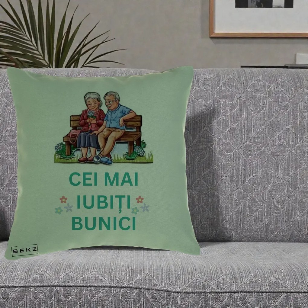Cadou pentru Bunici - Perna Personalizata Cei Mai Iubiti Bunici Cuplu pe Banca Ilustratie, 40x40 cm, Verde, Husa Detasabila, Perna Inclusa, BEKZ®