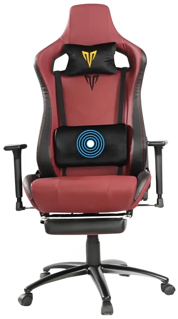 Scaun gaming, ergonomic, masaj pernă lombară, brațe reglabile 3D, piele PU, suport picioare, rezistent 150 KG, Visiniu/Negru