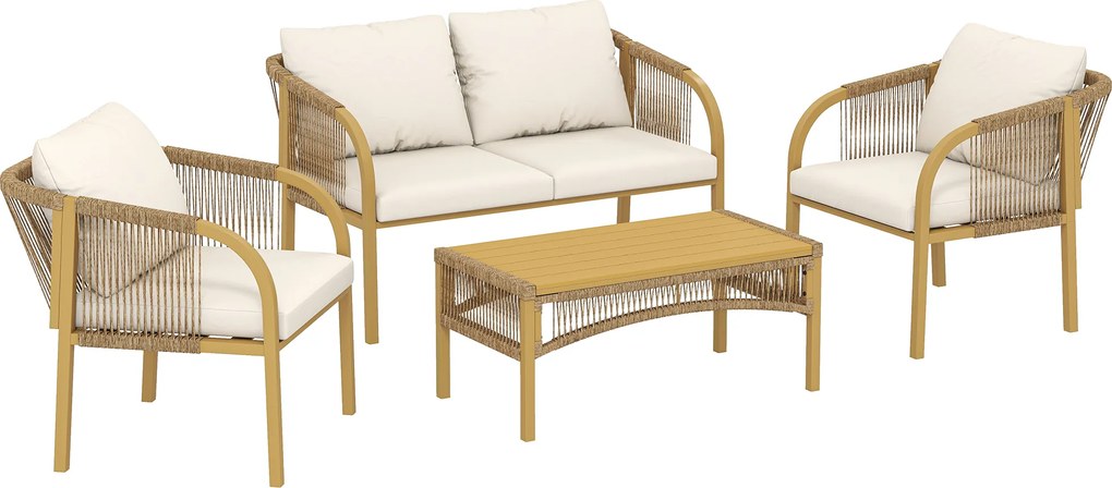 Outsunny Set mobilier de grădină exterior 4 piese cu canapea 2 fotolii masă perne, oțel rășină împletită, 120x72x73cm, Kaki | Aosom Romania