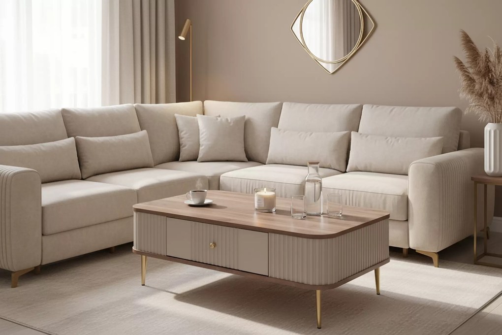 Masă de cafea cu sertar Vesper 103x60 cm - cașmir / nuc / picioare aurii