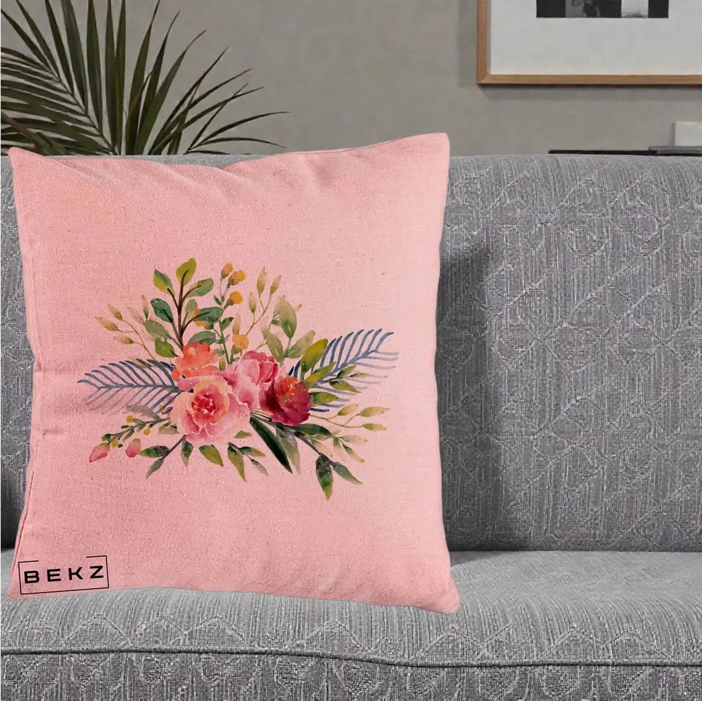 Perna Decorativa Buchet Flori Acuarela Roz-Verde, 40x40 cm, Roz, Husa Detasabila, Perna Inclusa, BEKZ®