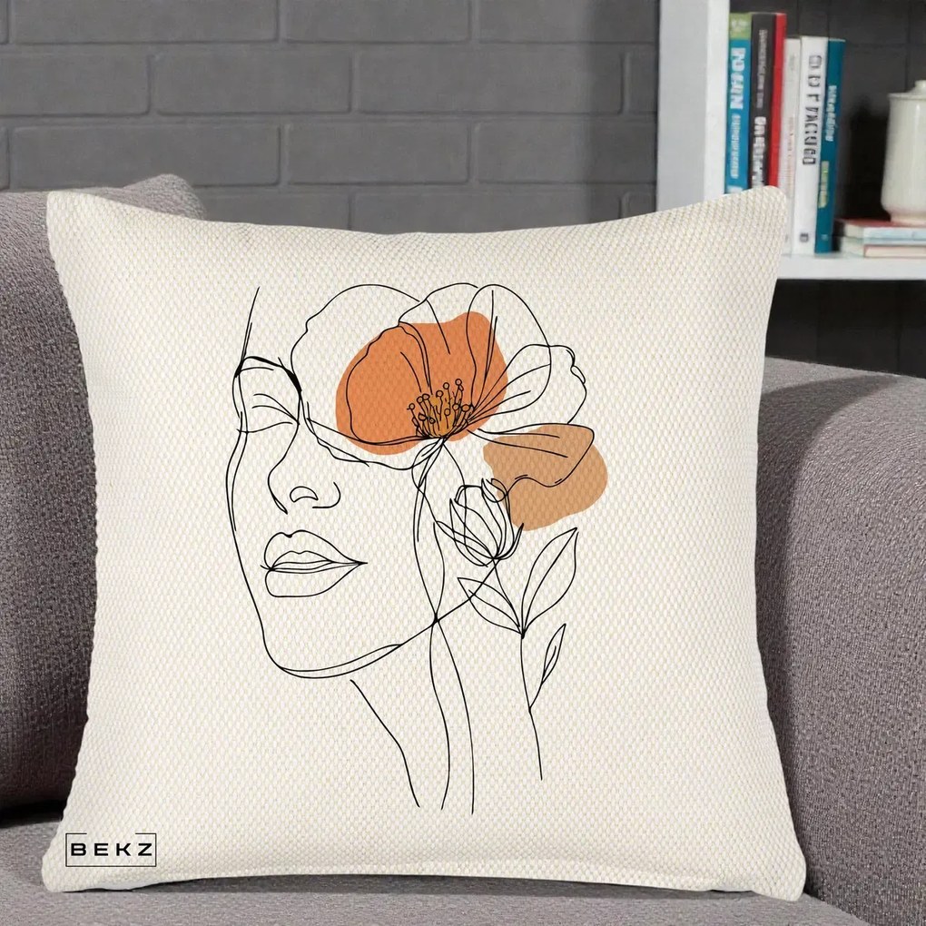 Perna Decorativa Portret Feminin Mac Profilat, 40x40 cm, Crem Reliefat, Husa Detasabila, Perna Inclusa, BEKZ®