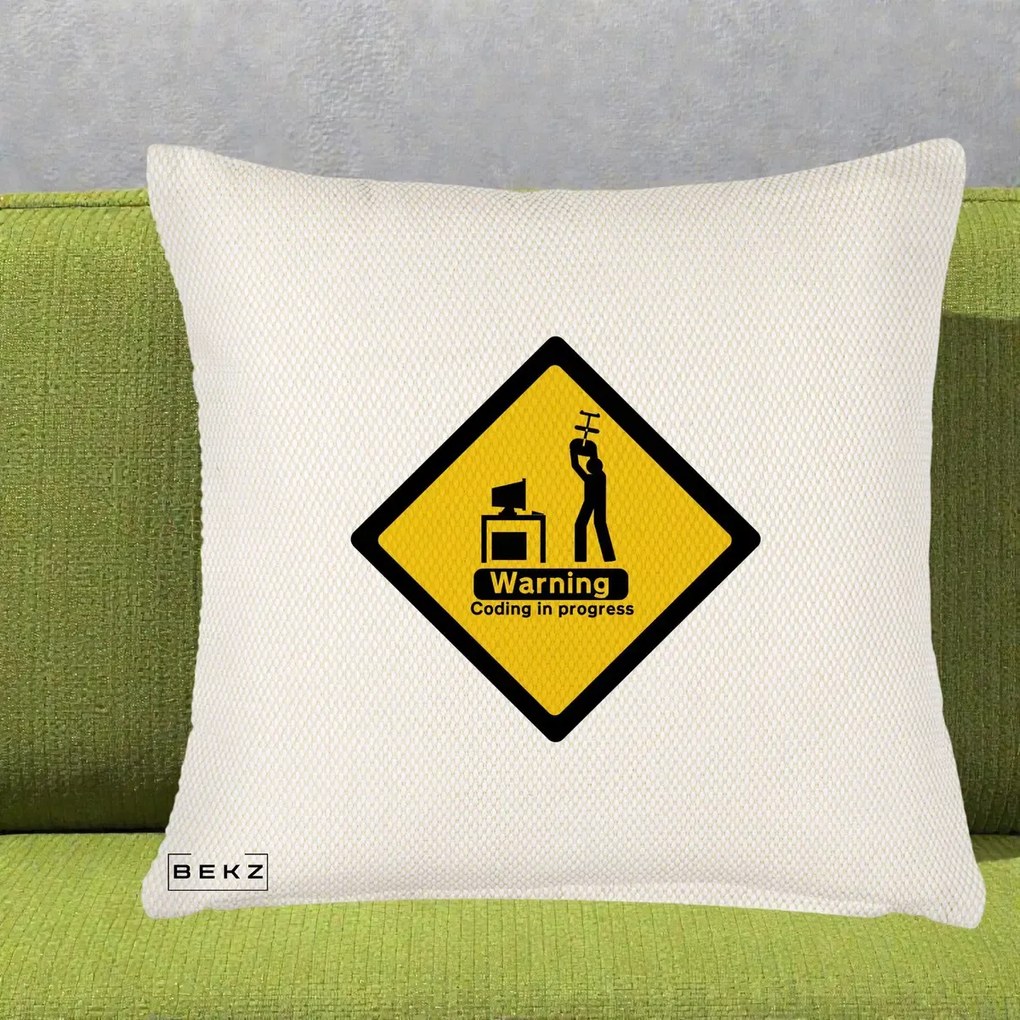 Perna Personalizata Warning Coding in Progress, 40x40 cm, Crem Reliefat, Husa Detasabila, Perna Inclusa, BEKZ®