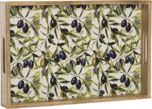 Tavă servire Mediterranean lăcuită verde cu accente naturale din lemn de mango cu structură din lemn – "Olivia"