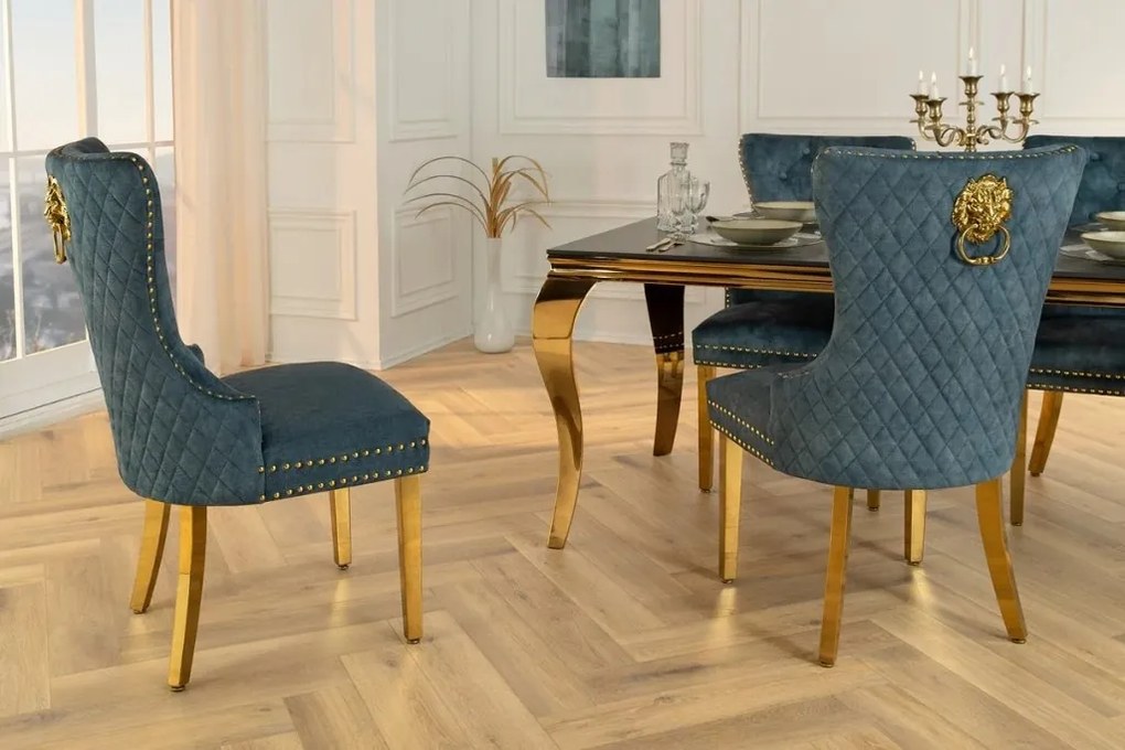 Set 2 scaune Stil Baroc, Catifea, Albastru Petrol, Metal, Auriu, Castle