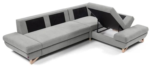 Colțar extensibil tapițat AVESTA, cu spațiu de depozitare, în formă de L, pe partea dreaptă, gri