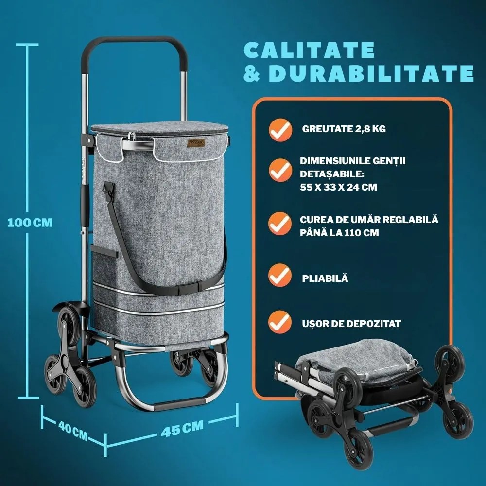 Geantă de cumpărături pe roți pentru scări COMFORT, 50L, gri Jurhan