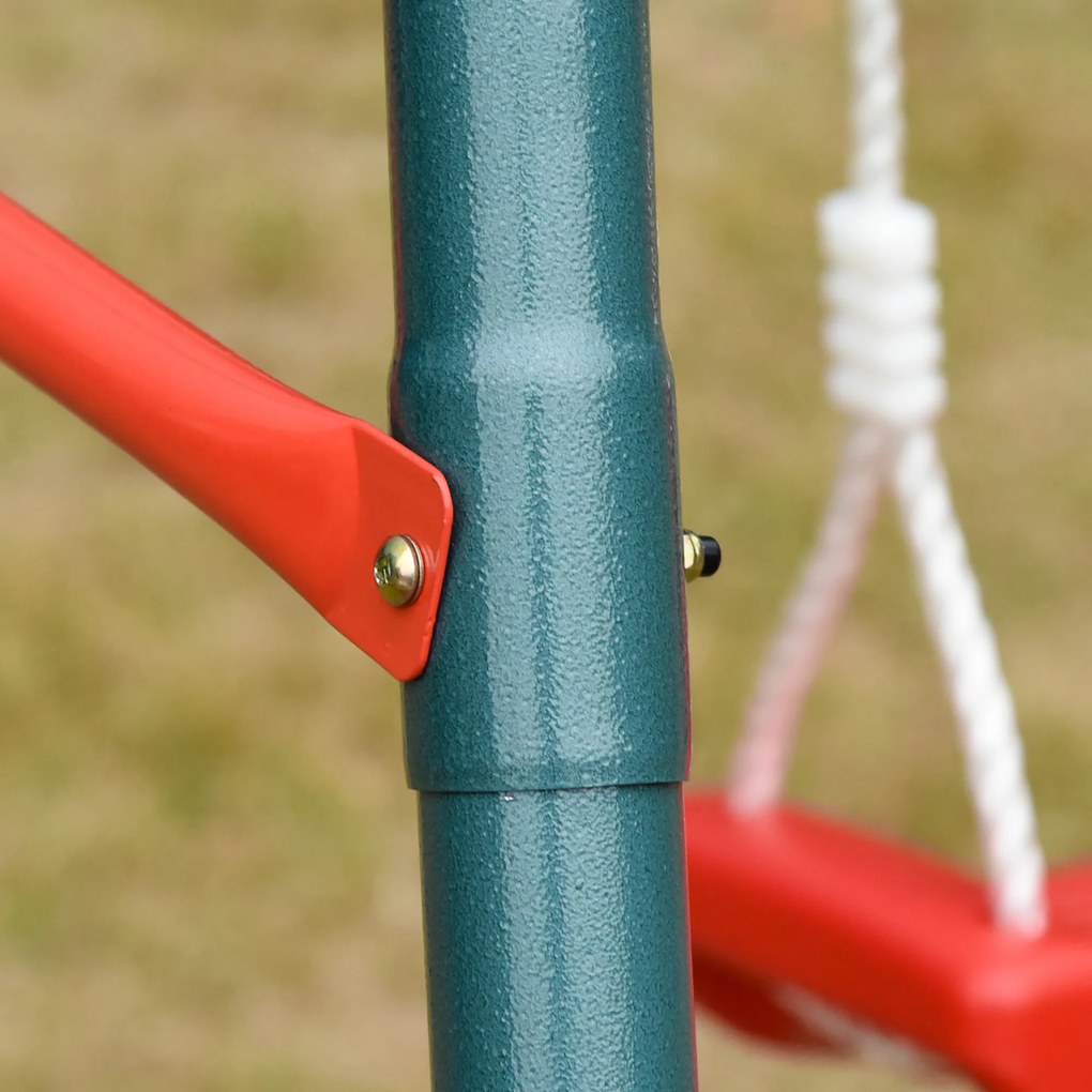 Outsunny Leagăn Dublu pentru Copii 3+ Ani cu Structură din Metal, Leagăn de Grădină cu Coardă Reglabilă, Joc de Exterior, Max 45 kg, 239x156x180 cm, Verde și Roșu | Aosom Romania