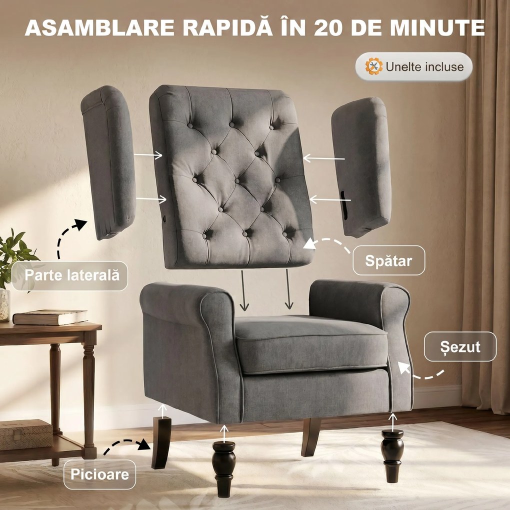 HOMCOM Fotoliu de Living Stil Francez cu Perne Detașabile Gri | Aosom Romania