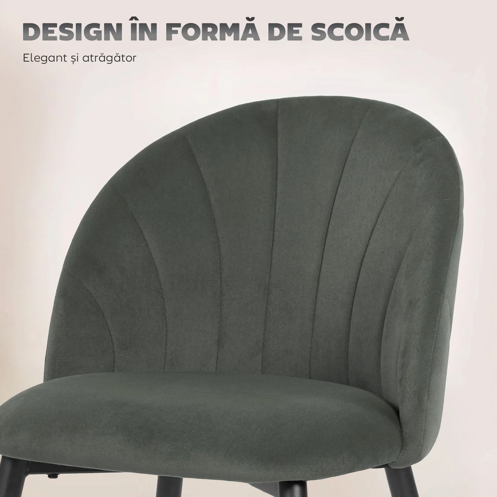 HOMCOM Set de 2 Scaune de Sufragerie din Catifea, Scaune de Bucătărie cu Spătar Curbat în Formă de Scoică, Picioare din Oțel, Stil Nordic, Scaune Tapițate pentru Bucătărie, Dormitor, Living, Gri | Aosom Romania
