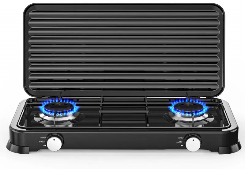 Aragaz dublu cu capac Rosberg R51454D2, 2x 2,2 kWh, 30 mbar, Otel carbon, Negru