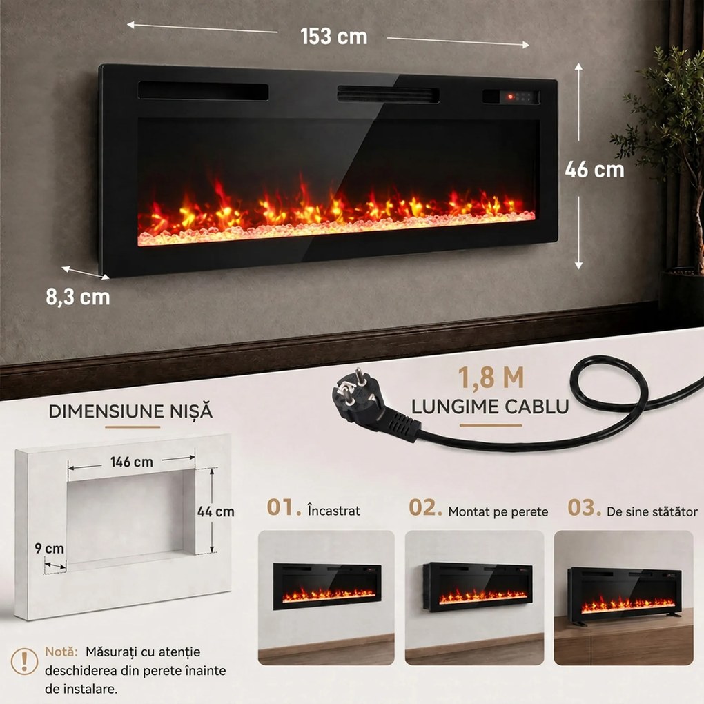 HOMCOM Șemineu electric 153 cm, încastrabil/de perete/de podea, ultrasubțire 8,3 cm, cu telecomandă, 900/1800 W, timer, negru | Aosom Romania