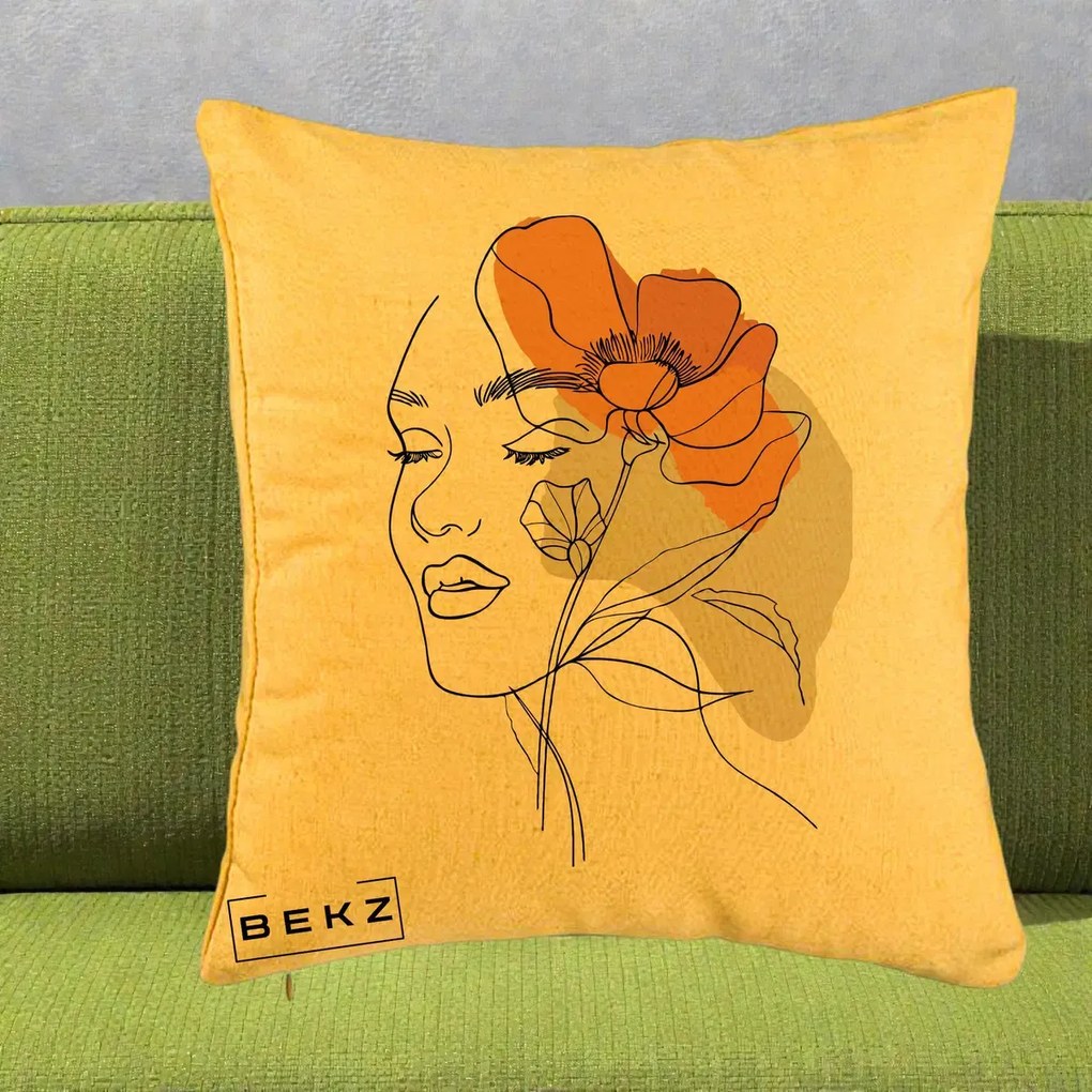 Perna Decorativa Portret Feminin Mac Mare Portocaliu, 40x40 cm, Galben, Husa Detasabila, Perna Inclusa, BEKZ®