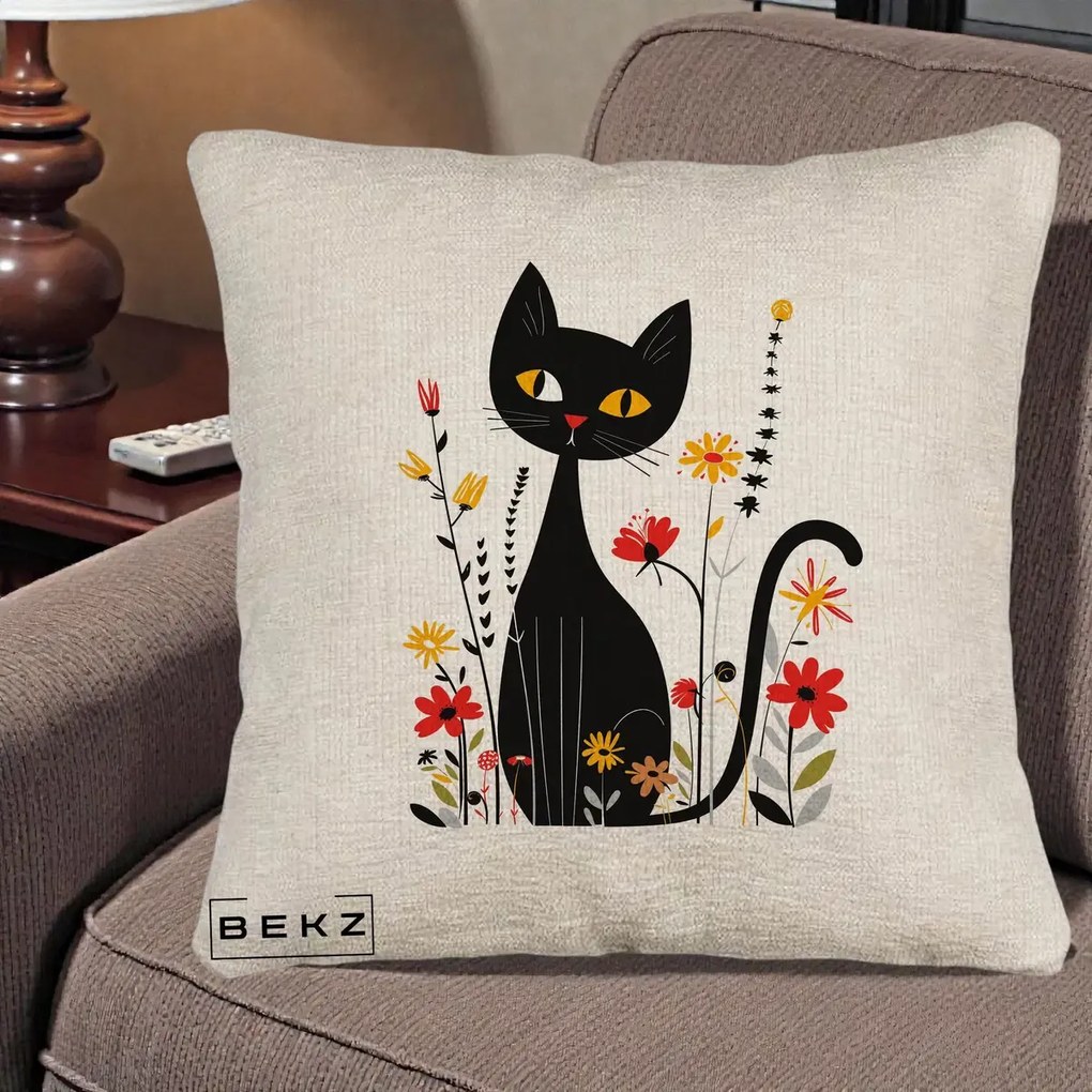 Perna Decorativa Pisica Neagra Ochi Galbeni Flori, 40x40 cm, Bej Canapea, Husa Detasabila, Perna Inclusa, BEKZ®
