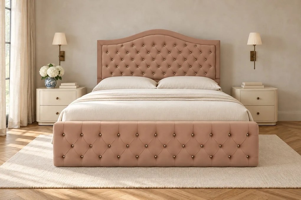 Pat tapițat Chesterfield din catifea Solaria Deluxe Cristal 140×200 cm, cappuccino, cu ladă de depozitare