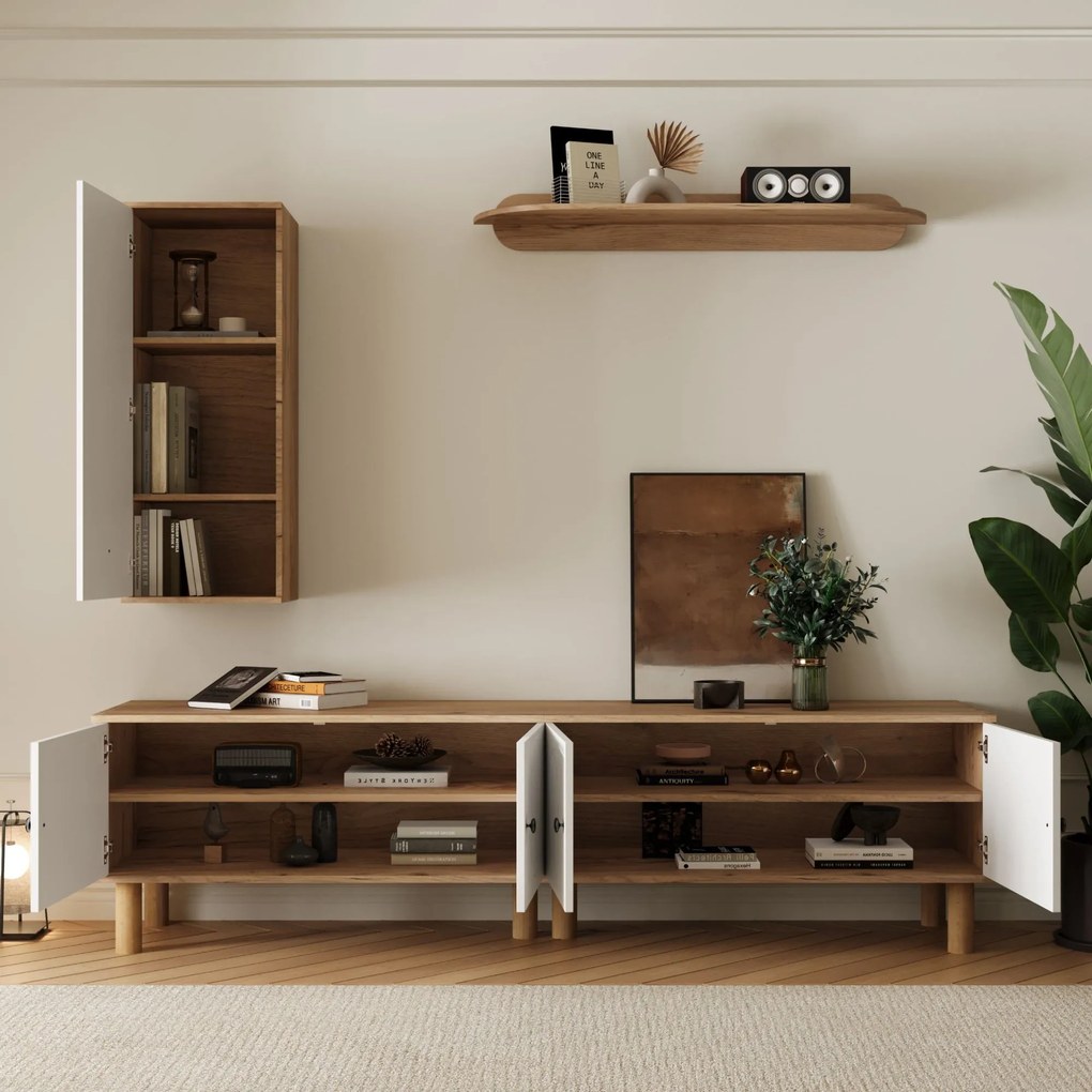 Set mobilier living 3 piese, compus din dulap înalt, comodă joasă și etajeră de perete, Culoare naturală