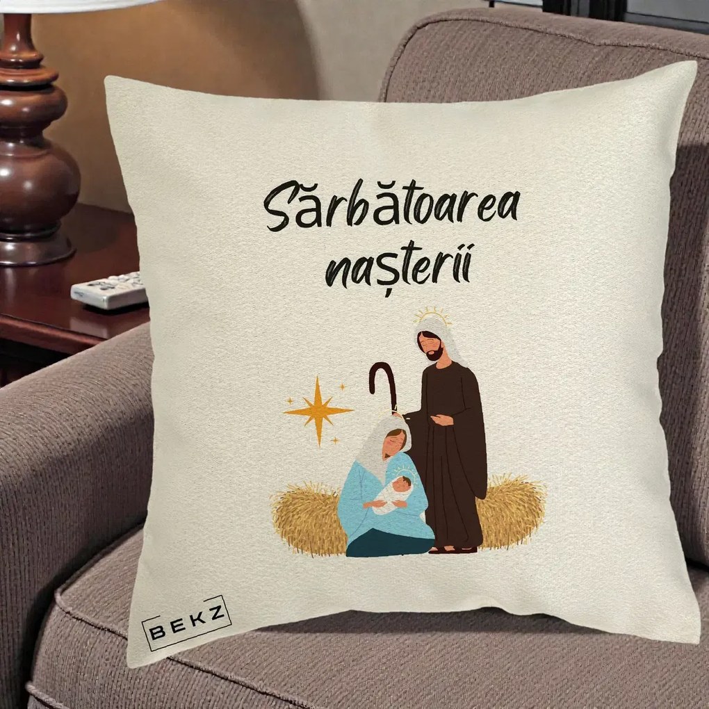 Perna Decorativa Nasterea Domnului Sfanta Familie Sarbatoarea Nasterii, 40x40 cm, Ecru, Husa Detasabila, Perna Inclusa, BEKZ®
