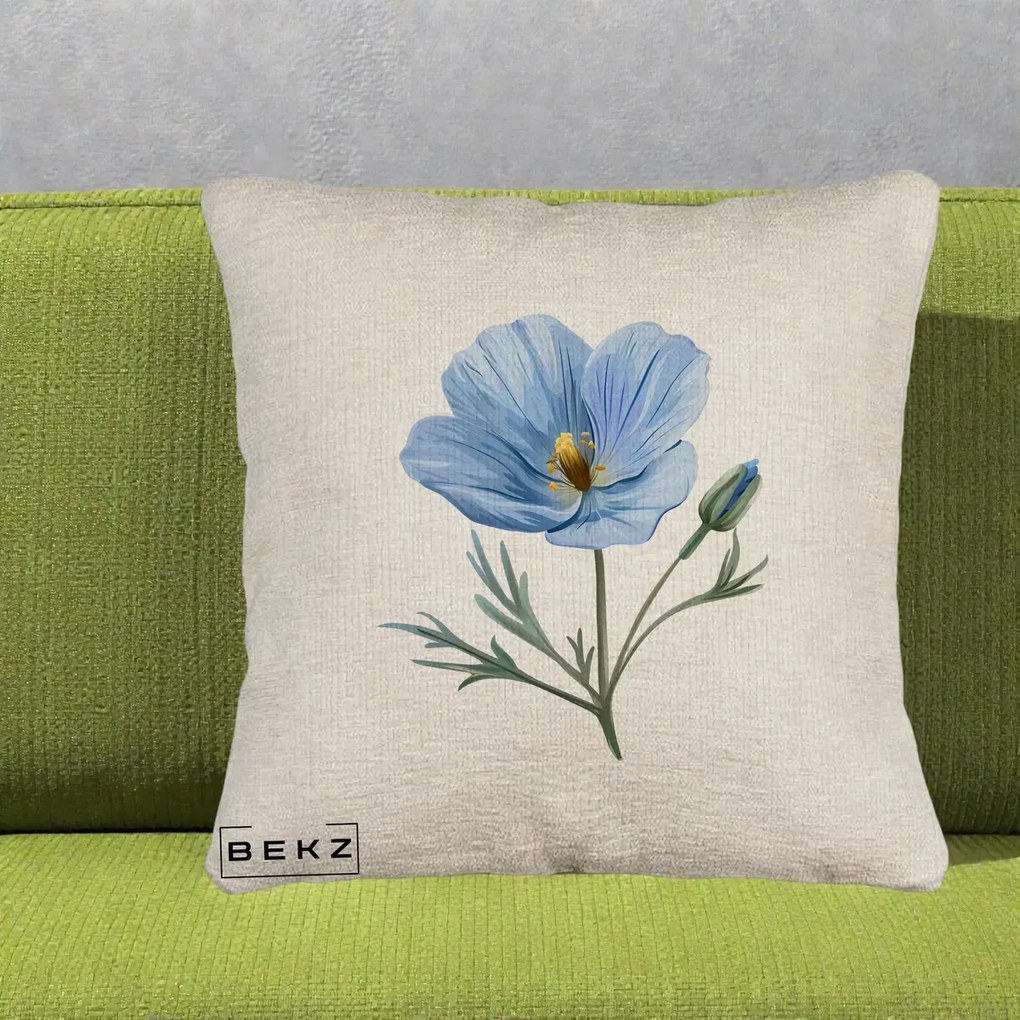 Perna Decorativa Mac Albastru Acuarela, 40x40 cm, Bej Canapea, Husa Detasabila, Perna Inclusa, BEKZ®