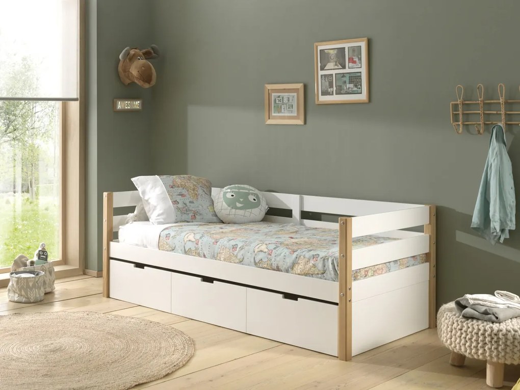 Pat pentru copii MARGRIT, 90 x 200 cm, alb cu tonuri naturale, cu pat trundle pentru dormit sau depozitare – Vipack