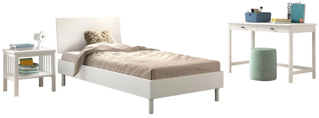 Set Mobilier Camera Copii Forrest Beech, Pat 90x200 cm, Noptieră și Birou, din Lemn de Fag Lăcuit Alb – Vipack