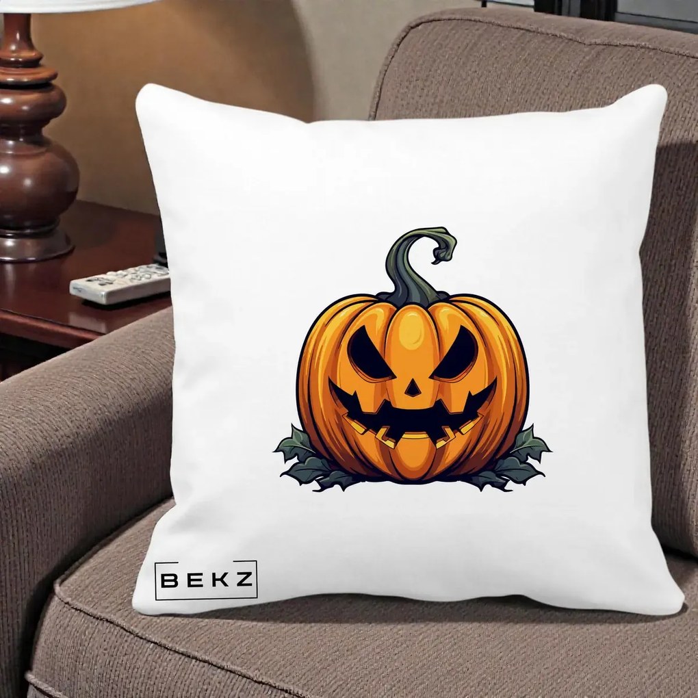 Perna Decorativa Halloween Jack-o'-Lantern Infricosator, 40x40 cm, Alba Mata, Husa Detasabila, Perna Inclusa, BEKZ®