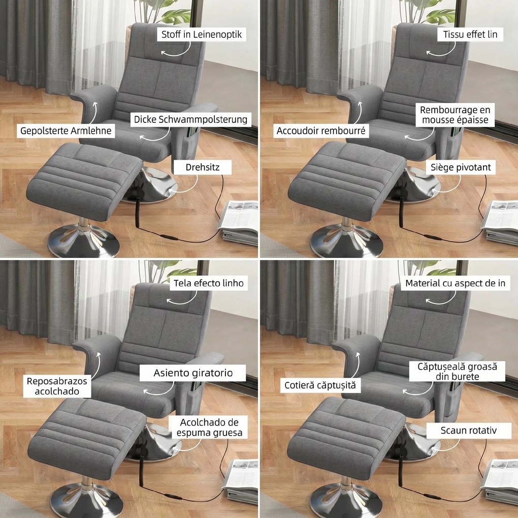 HOMCOM Fotoliu de masaj și reclinabil cu suport pentru picioare, din material textil cu efect de in, 78x90x93 cm, Gri Închis | Aosom Romania
