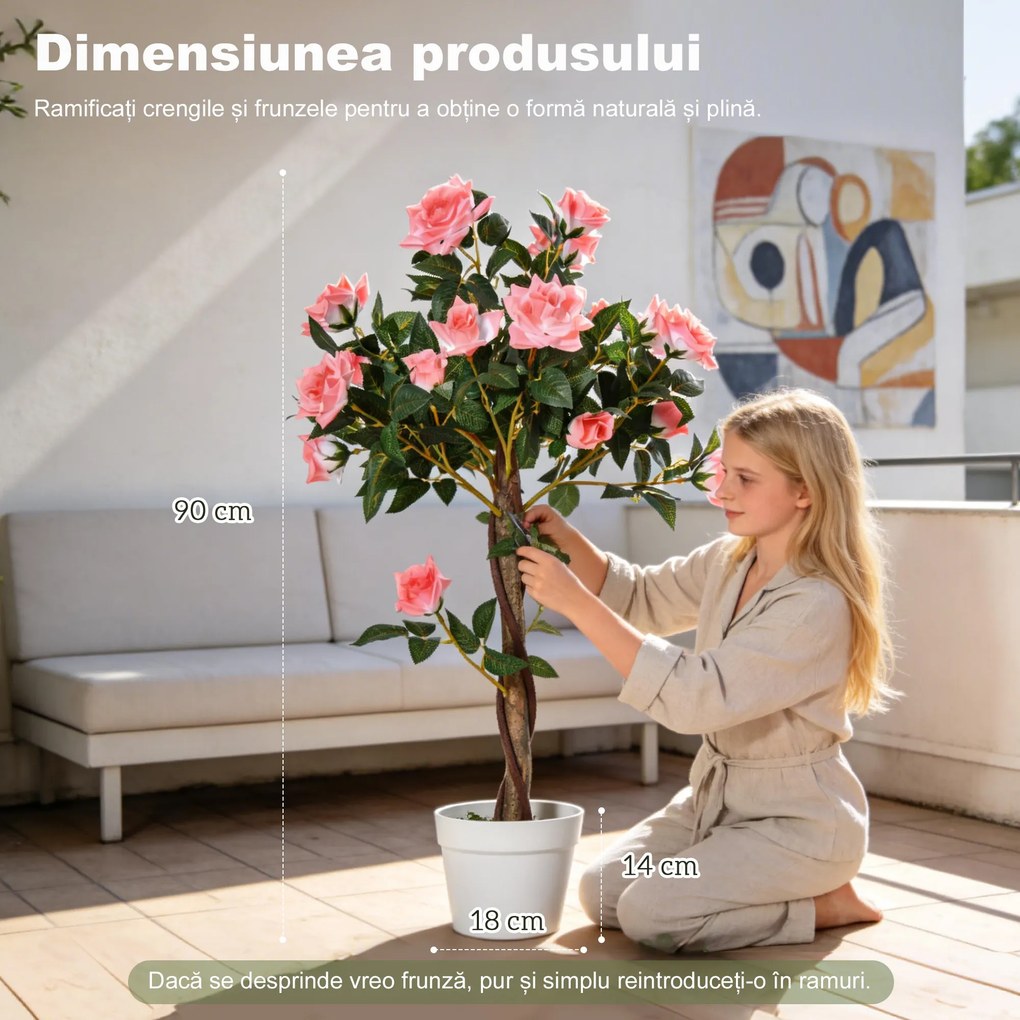Outsunny Plantă Artificială de Trandafiri cu 21 de Flori, Ghiveci Umplut cu Ciment și Mușchi, Ø18x90 cm, Roz | Aosom Romania
