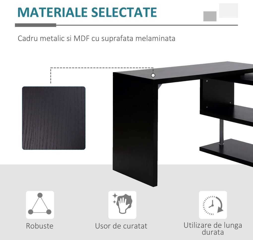 HomCom Birou pe colt pentru Computer cu Rafturi in Lemn, Negru, 120x106x75cm