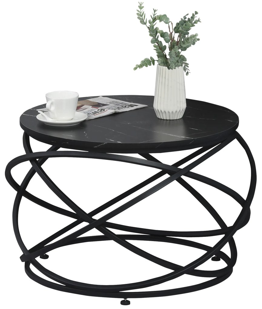 HOMCOM Masuta pentru Cafea Rotunda, Blat Efect Marmura, Cadru din Metal, Negru Φ65 x 44.5cm | Aosom Romania