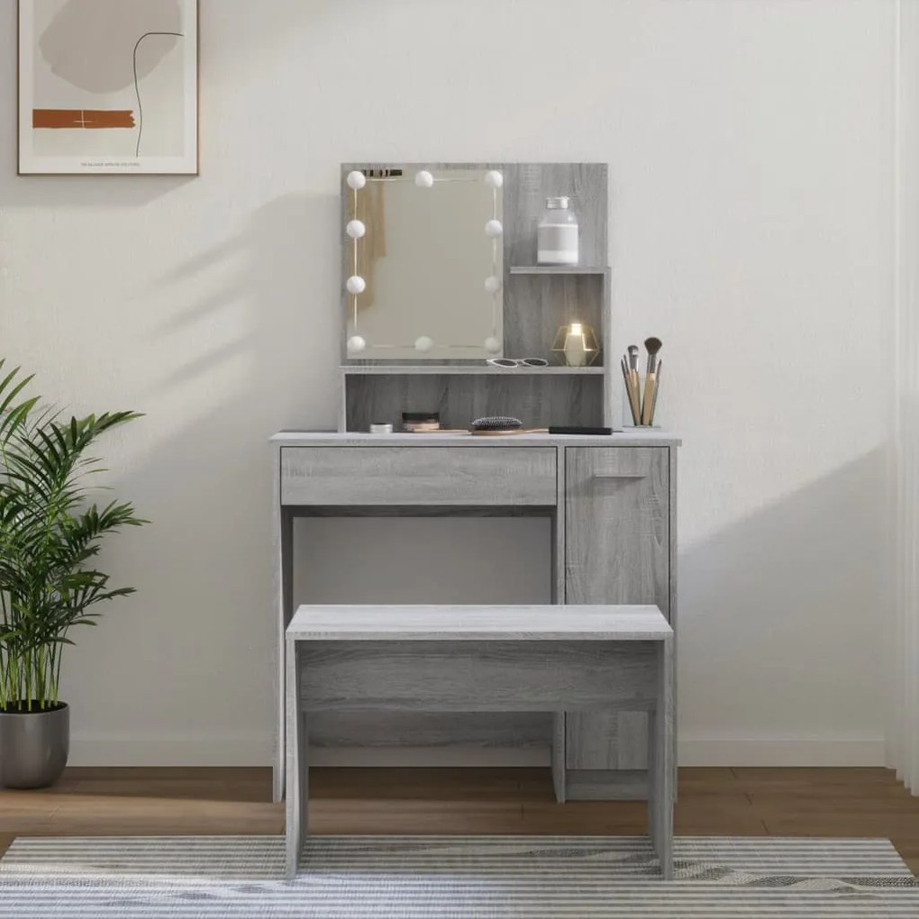 3114121 vidaXL Set de măsuță de toaletă cu LED, stejar sonoma, lemn prelucrat