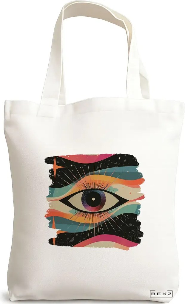 Sacosa de Panza pentru Cumparaturi, Geanta Tote, model Celestial Eye 4, 38x34.5 cm, Alba, BEKZ®