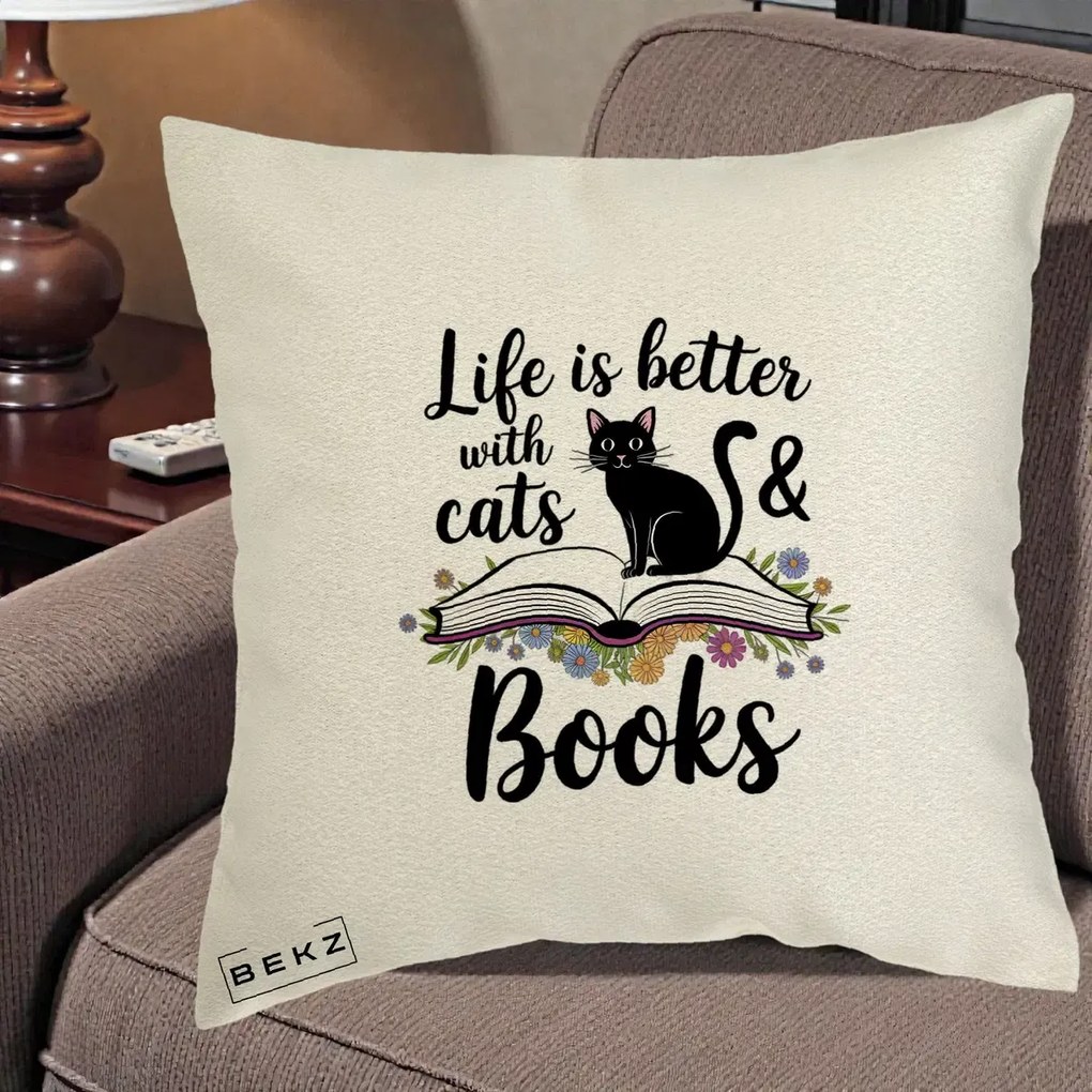 Perna Personalizata Life is Better Cats and Books, 40x40 cm, Ecru, Husa Detasabila, Perna Inclusa, BEKZ®