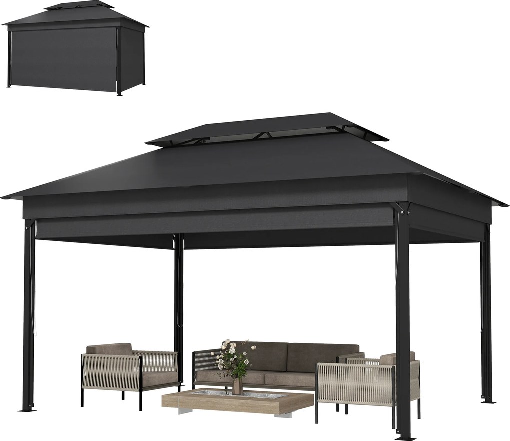 Outsunny Gazebo de grădină 4x3 m cu perdele laterale, acoperiș dublu, orificii de drenaj, Gri închis | Aosom Romania