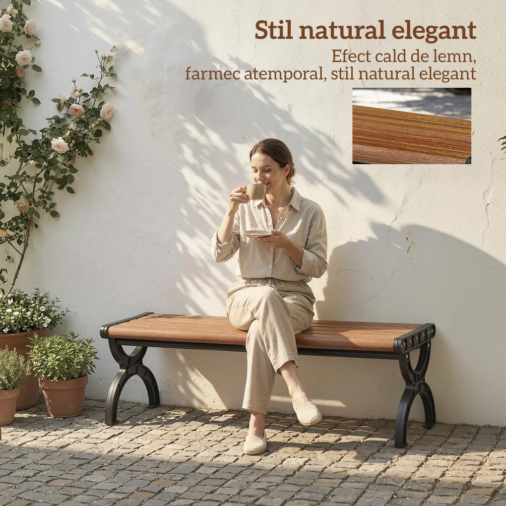 Outsunny Bancă de Grădină 2 Locuri, Bancă cu Cadru din Metal și Efect de Lemn, Mobilier pentru Grădină, Terasă, Parc | Aosom Romania