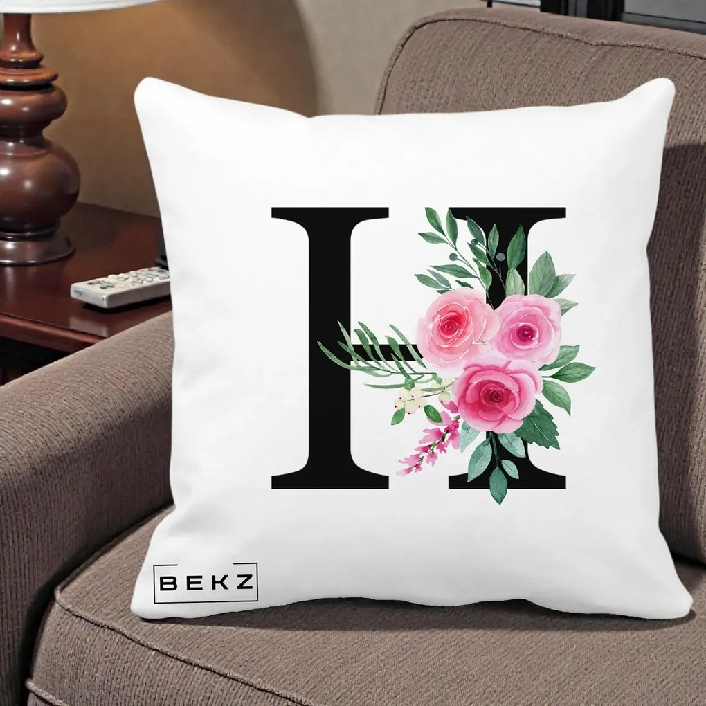 Cadou Personalizat - Perna Personalizata Monograma Florala Litera H cu Trandafiri Roz, 40x40 cm, Alba Mata, Husa Detasabila, Perna Inclusa, BEKZ®