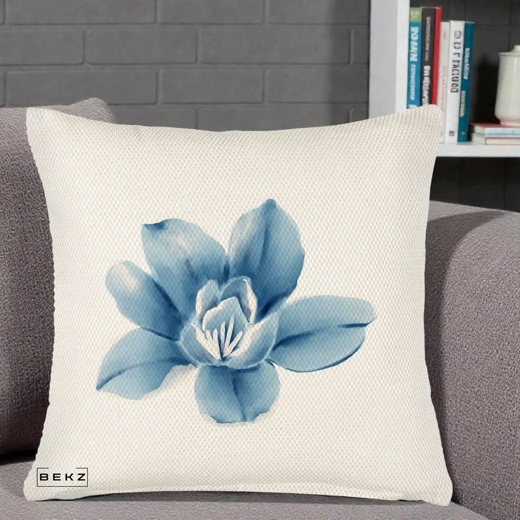 Perna Decorativa Magnolie Albastra Acuarela, 40x40 cm, Crem Reliefat, Husa Detasabila, Perna Inclusa, BEKZ®