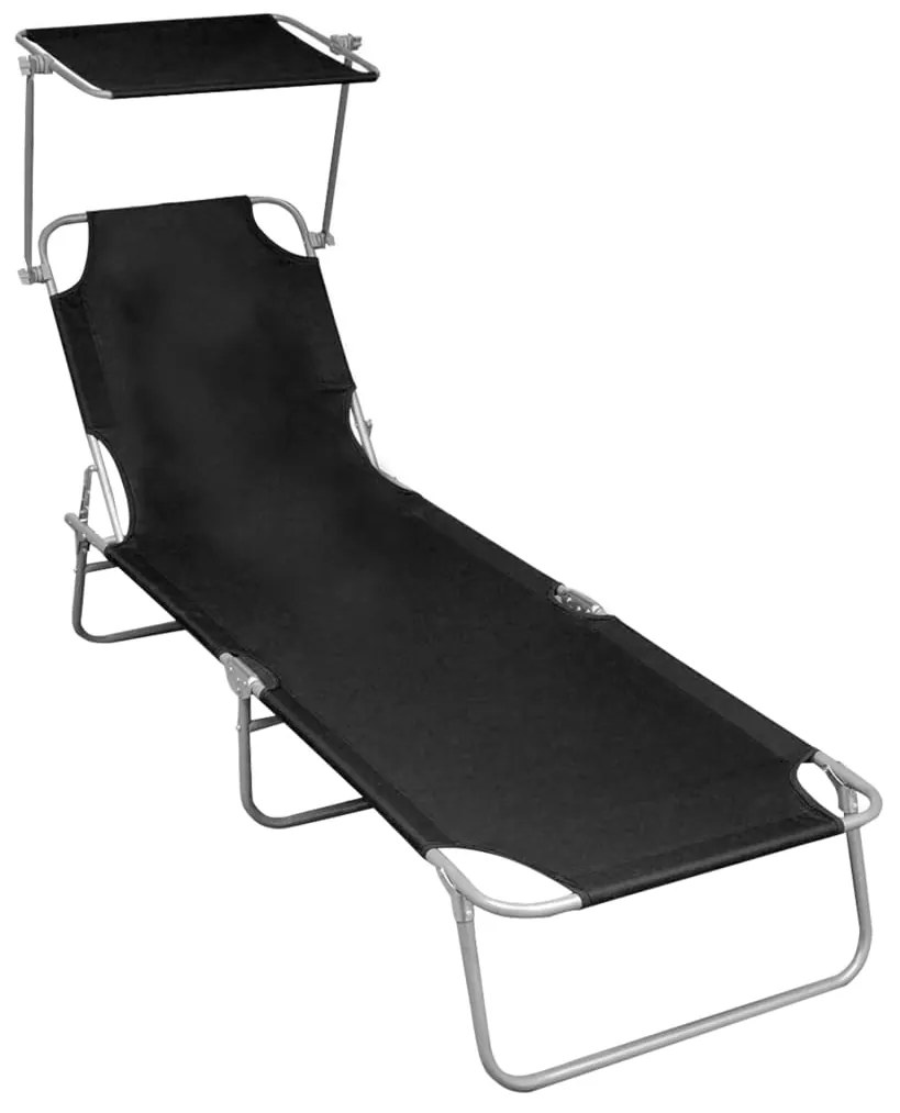 vidaXL Șezlong pliabil cu copertină, negru, aluminiu