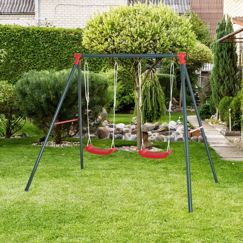 Outsunny Leagăn Dublu pentru Copii 3+ Ani cu Structură din Metal, Leagăn de Grădină cu Coardă Reglabilă, Joc de Exterior, Max 45 kg, 239x156x180 cm, Verde și Roșu | Aosom Romania
