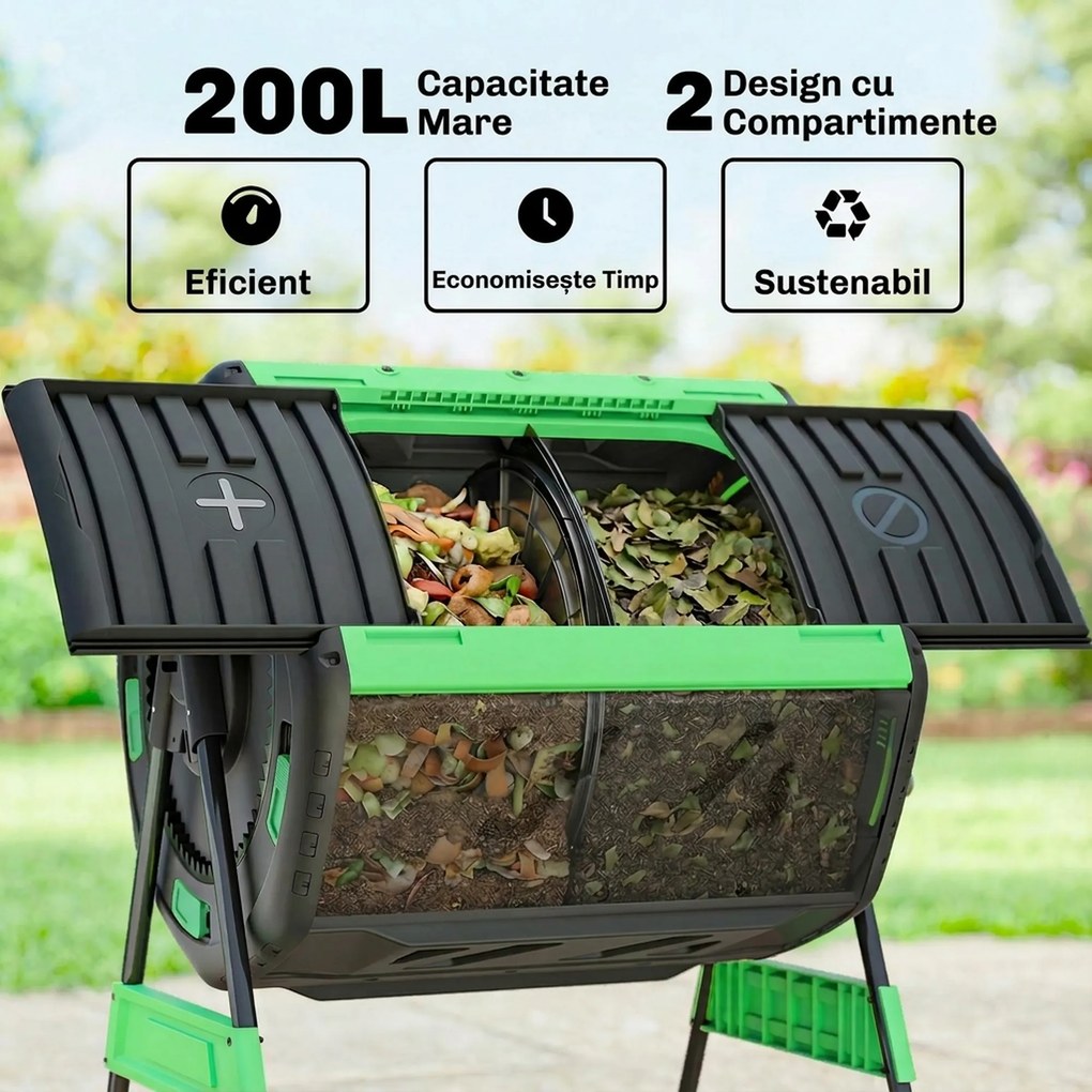 Compostor de Grădină Rotativ Outsunny 200L cu Cameră Dublă, Rotație 360°, Guri de Aerisire, Mănuși, din PP Fără BPA, pentru Compostare Deșeuri Organice din Bucătărie, Grădină și Curte | Aosom Romania