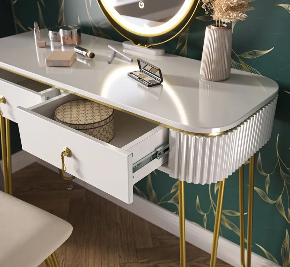 SEA398 - Set Masa toaleta, 100 cm, cosmetica machiaj, oglinda cu LED, scaunel taburet tapitat - Alb Lucios-Auriu