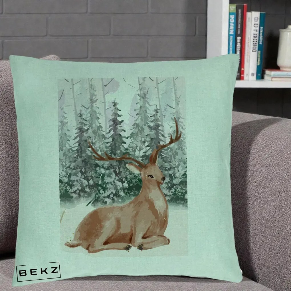 Perna Decorativa Ren in Padure Roz Moale, 40x40 cm, Verde Menta, Husa Detasabila, Perna Inclusa, BEKZ®