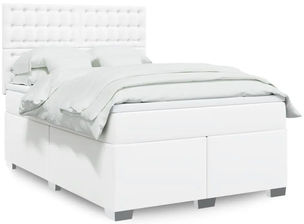 vidaXL Pat box spring cu saltea, alb, 140x190 cm, piele ecologică