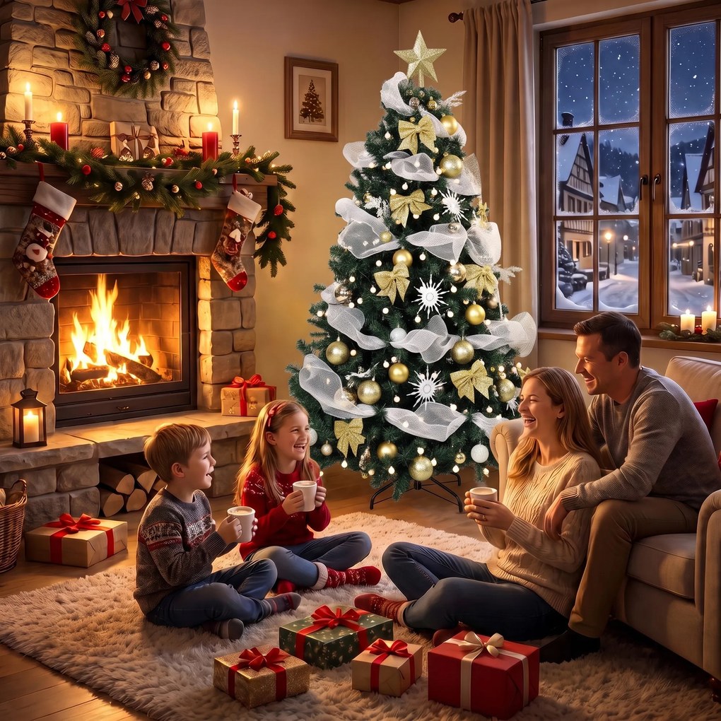 HOMCOM Brad de Crăciun 180cm cu 200 LED-uri Alb Cald, 8 Moduri, 800 Ramuri Ignifuge, Globuri, Panglici, Funde | Aosom Romania