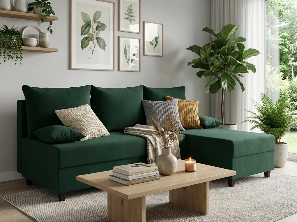 Coltar extensibil de colt VALERIO SLIM, verde inchis, reversibil, 200x140 cm + 2 perne GRATUIT