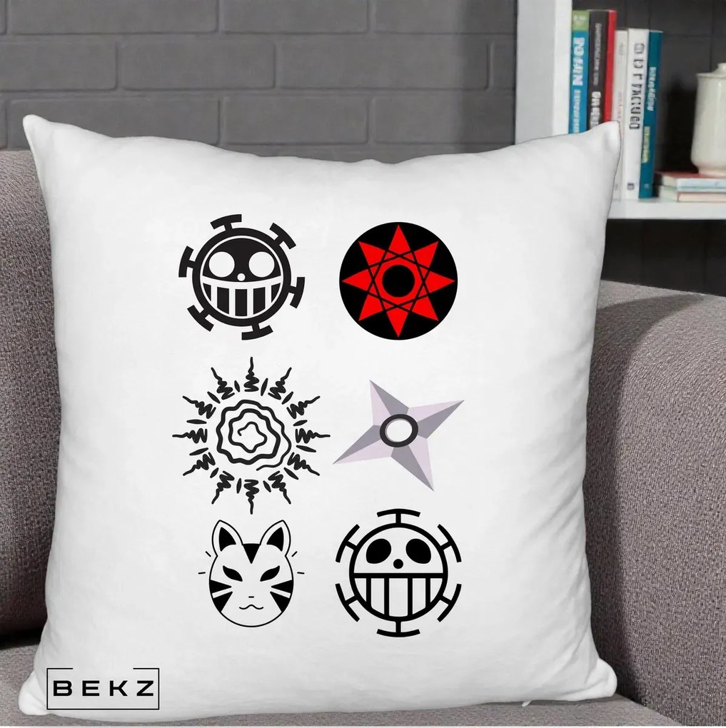 Perna Personalizata Simboluri Anime Mix - Naruto One Piece, 40x40 cm, Alb Pufos, Husa Detasabila, Perna Inclusa, BEKZ®