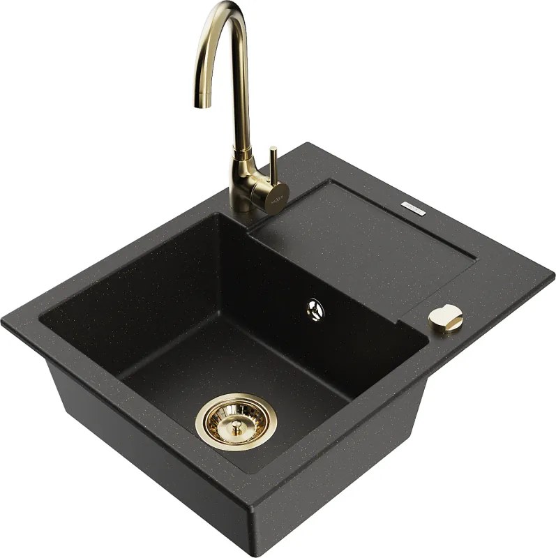 Mexen Enzo chiuvetă de granit cu 1 compartiment cu scurgător și baterie de bucătărie Telma, negru/auriu - 6506-75-670200-50