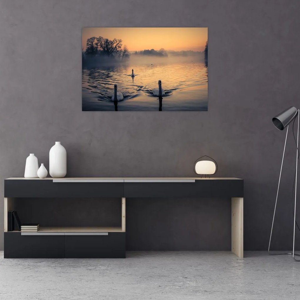 Tablou cu lebăde pe apă în ceață (90x60 cm)