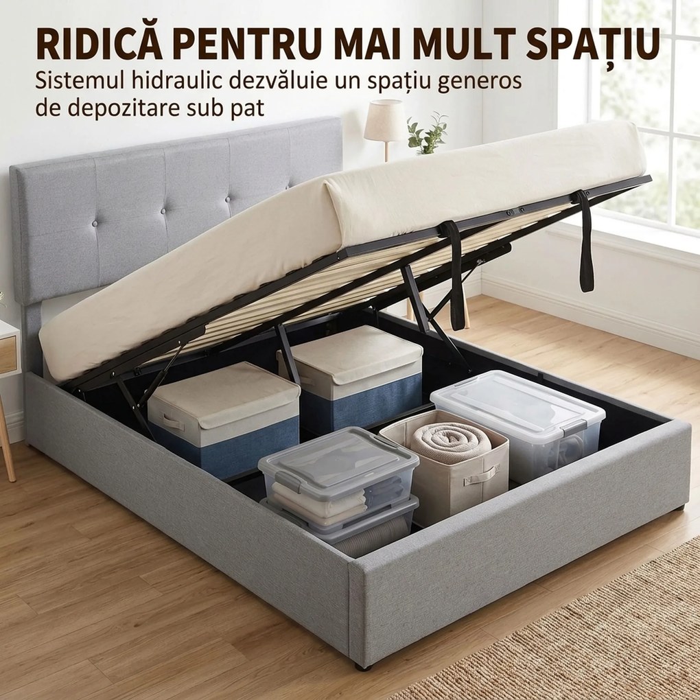 HOMCOM Pat cu ladă 140 x 190 cm, tapițat cu aspect de in, gri închis | Aosom Romania