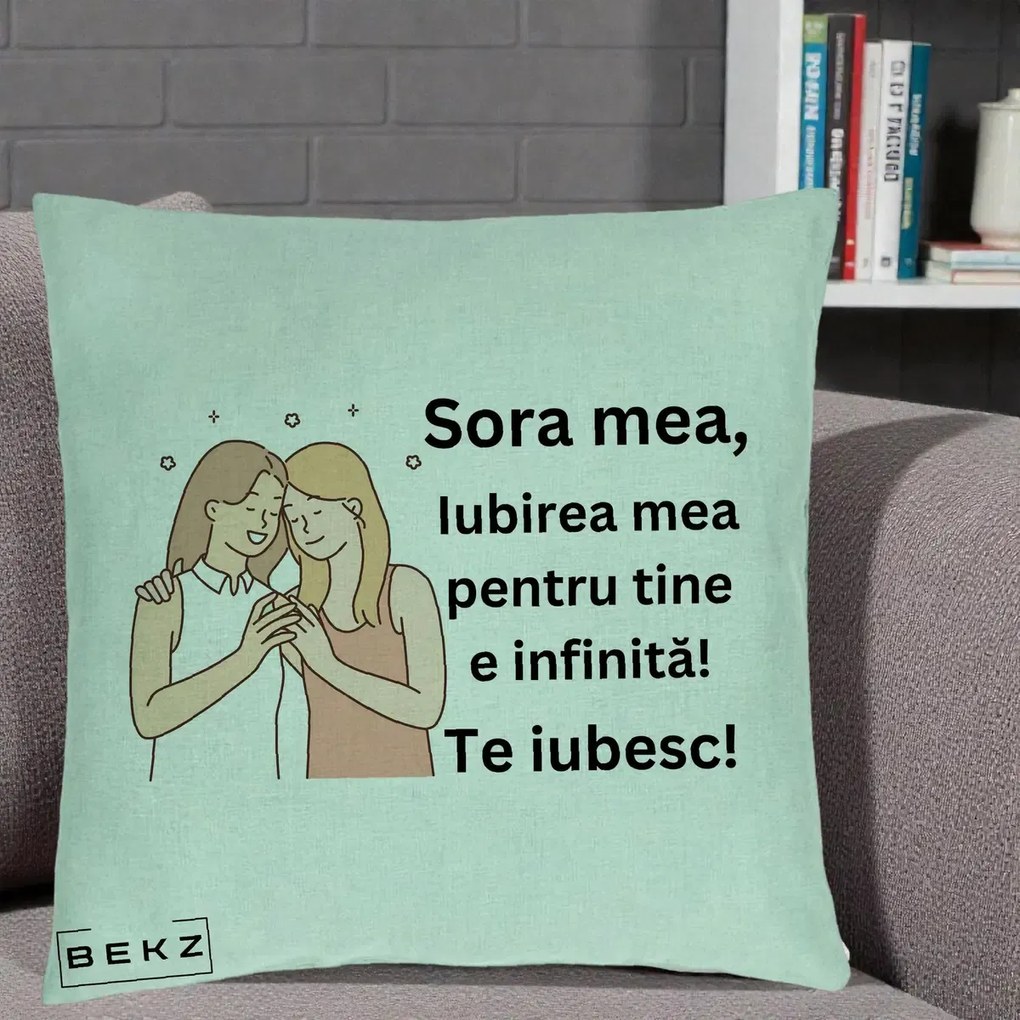 Cadou pentru Sora - Perna Personalizata Sora Mea Te Iubesc Imbratisare cu Sclipiri, 40x40 cm, Verde Menta, Husa Detasabila, Perna Inclusa, BEKZ®